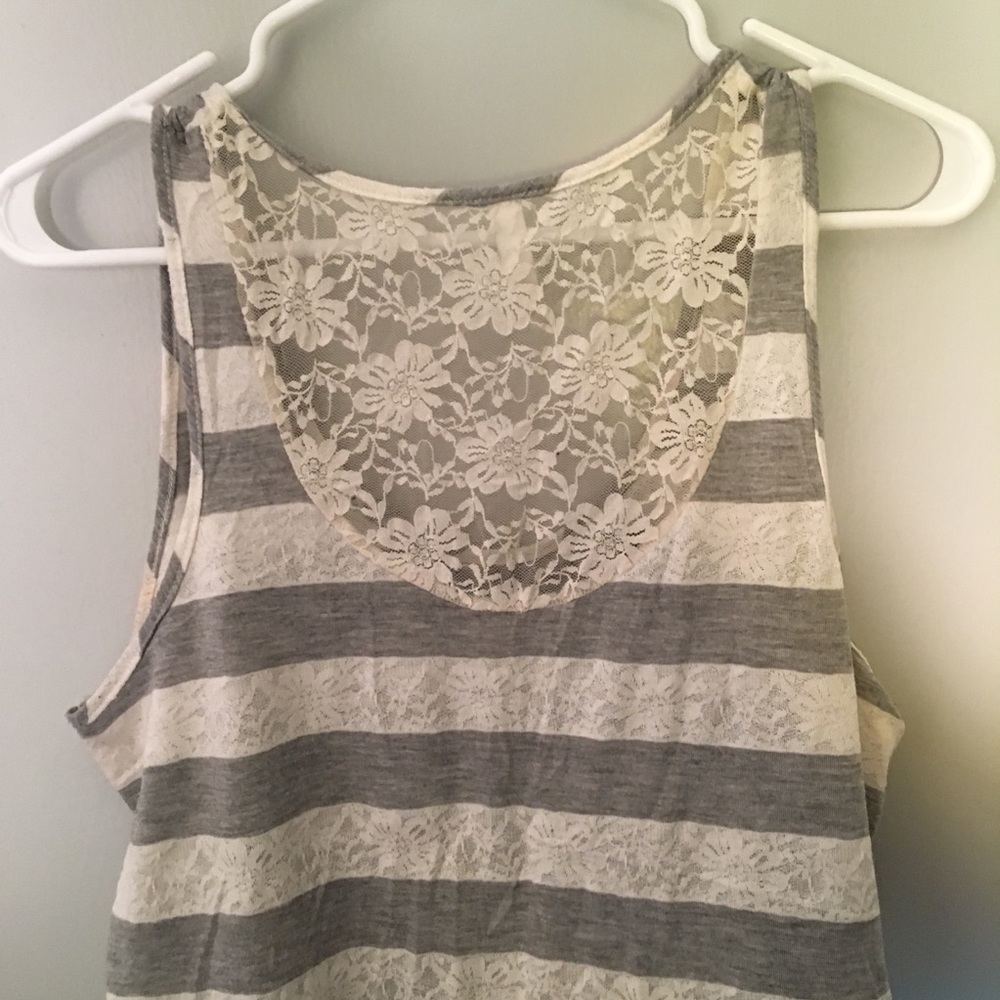 Grey and white stripped shirt with lace